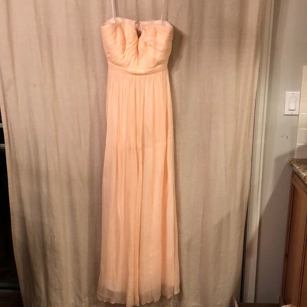 Long J Crew bridesmaid dress.